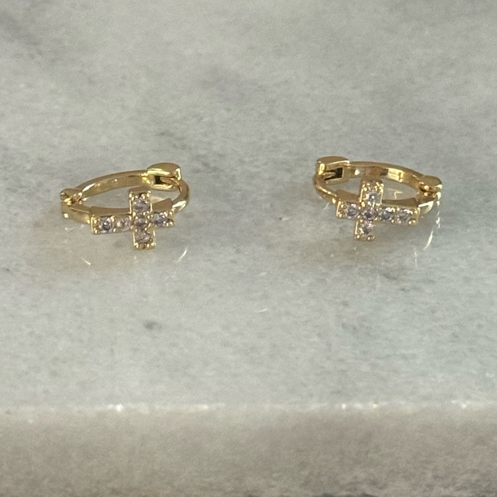 Gold Crystal Cross Huggie Hoop Earrings 

Brand New